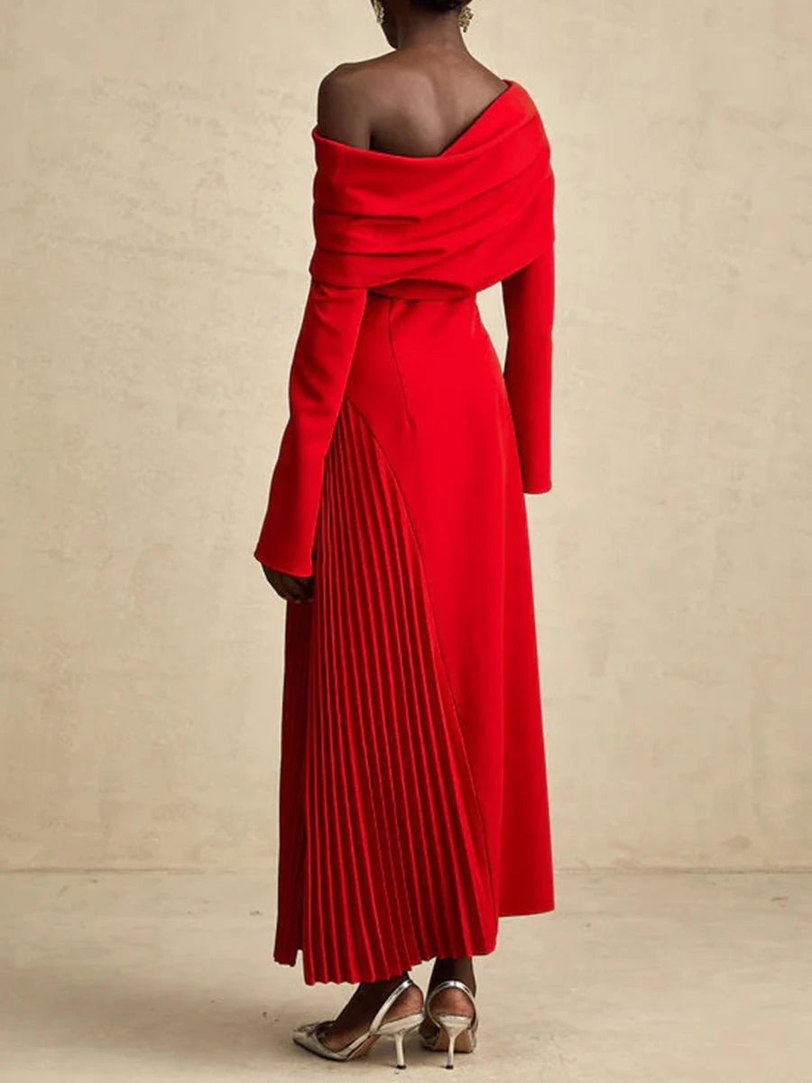 TWOTWINSTYLE Solid Slimming Temperament Midi Dresses for Women Diagonal Neck Long Sleeves Minimalism Dress Female Clothing New