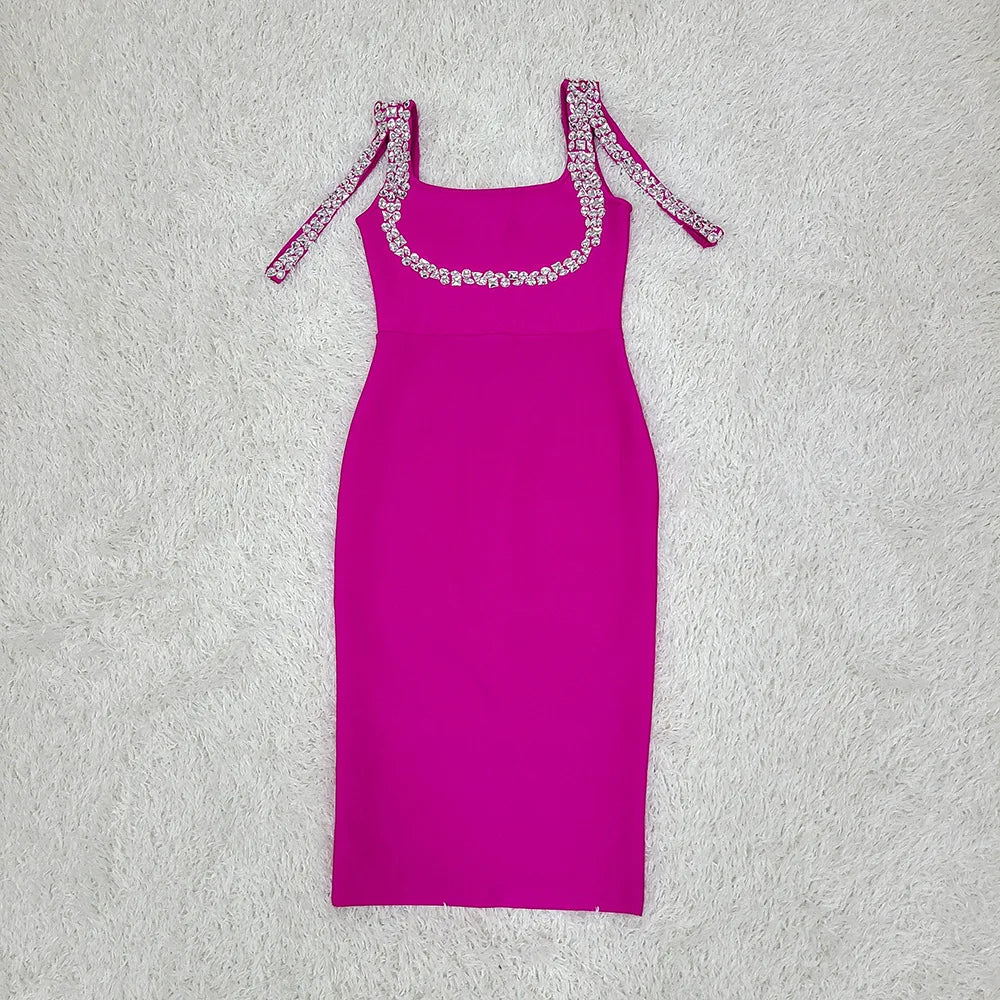 2023 New Summer Women's High Quality Sexy Sleeveless Diamond Tight Midi Bandage Dress Elegant Celebrity Party Dress