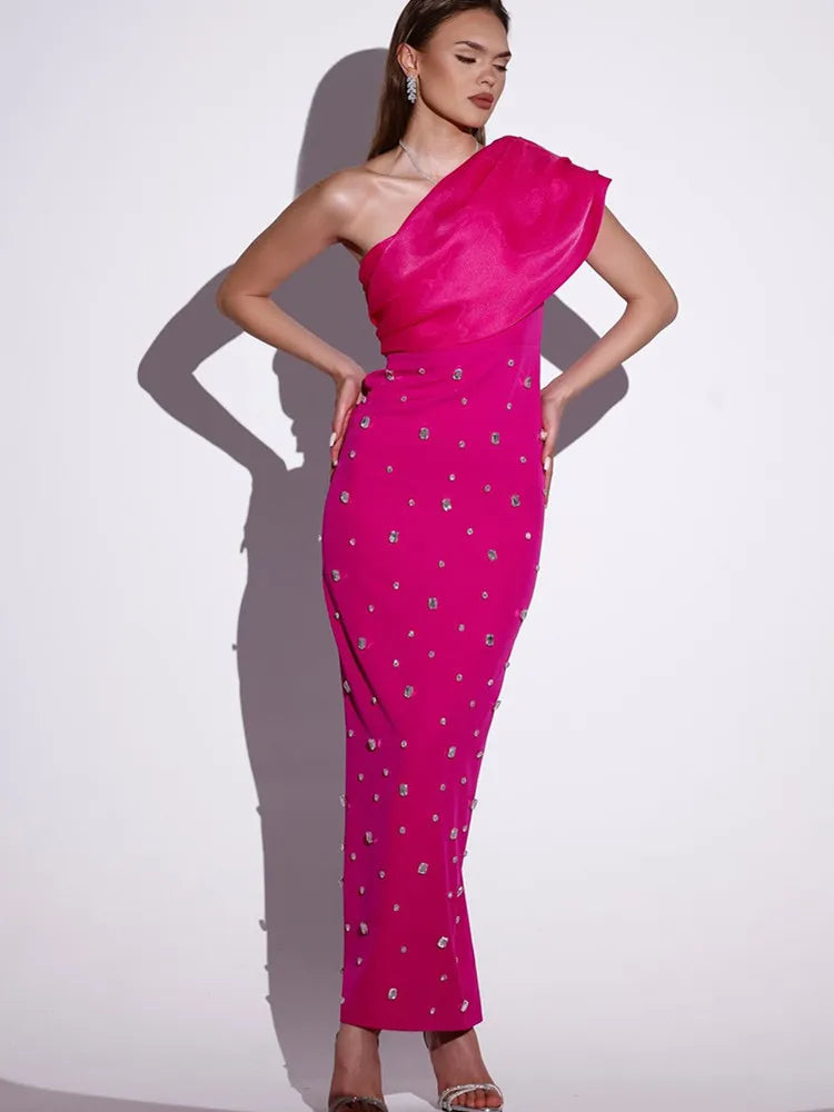 Women Sexy One Shoulder Diamonds Pink Black Maxi Long Bodycon Bandage Dress Elegant Evening Club Party Dress
