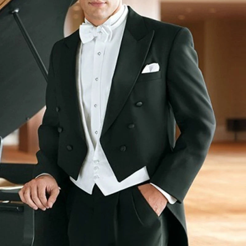 Black Wedding Tailcoat for Groom Dinner Party Tuxedo 3 Piece Formal Men Suits with White Vest Pants Male Fashion Prom 2023