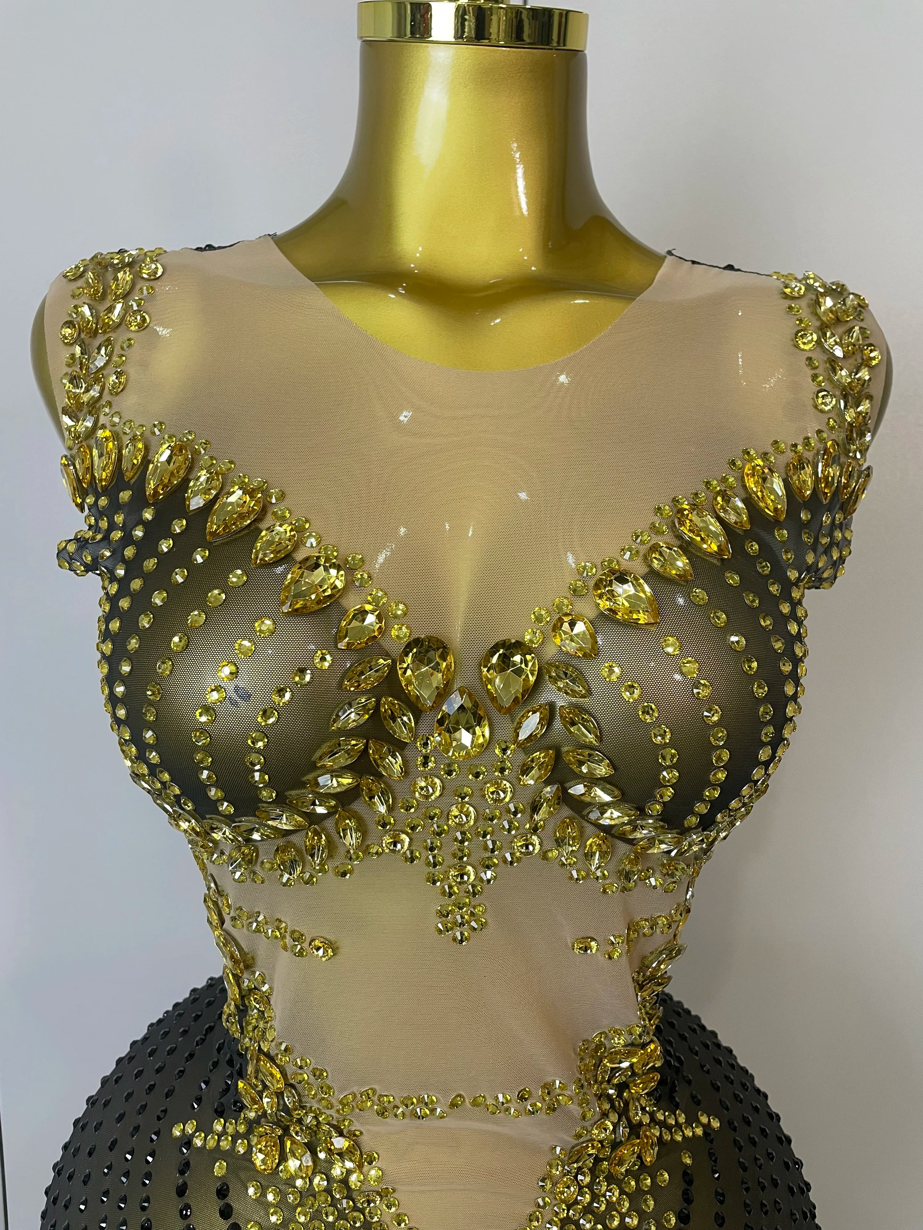 2025 Sparkly Gold Rhinestone Transparent Sleeveless Mini Dress Evening Birthday Celebrate Party Nightclub Performance Costume
