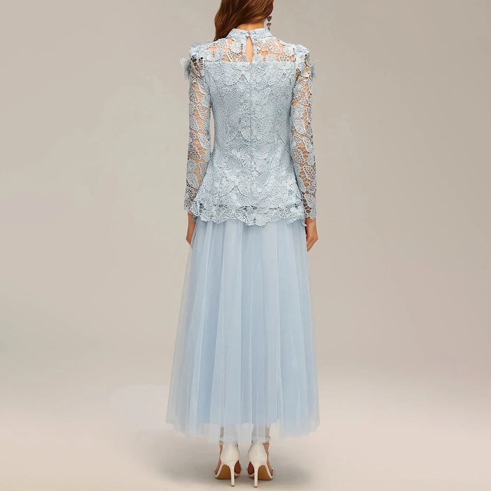TWOTWINSTYLE Solid Two Piece Sets for Women Stand Collar Long Sleeve Spliced Applique Top High Wasit Patchwork Mesh Skirt Female
