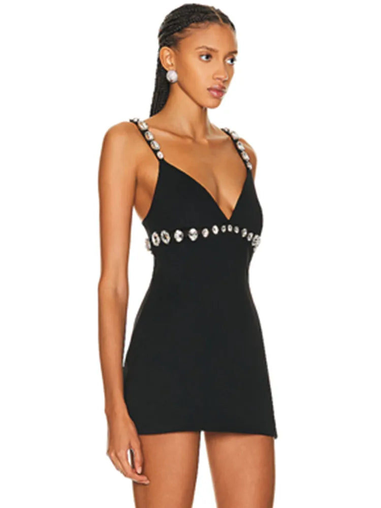Women Celebrity Sexy V Neck Beading Rhinestone Black Mini Bodycon Bandage Dress Elegant Evening Club Party Dress