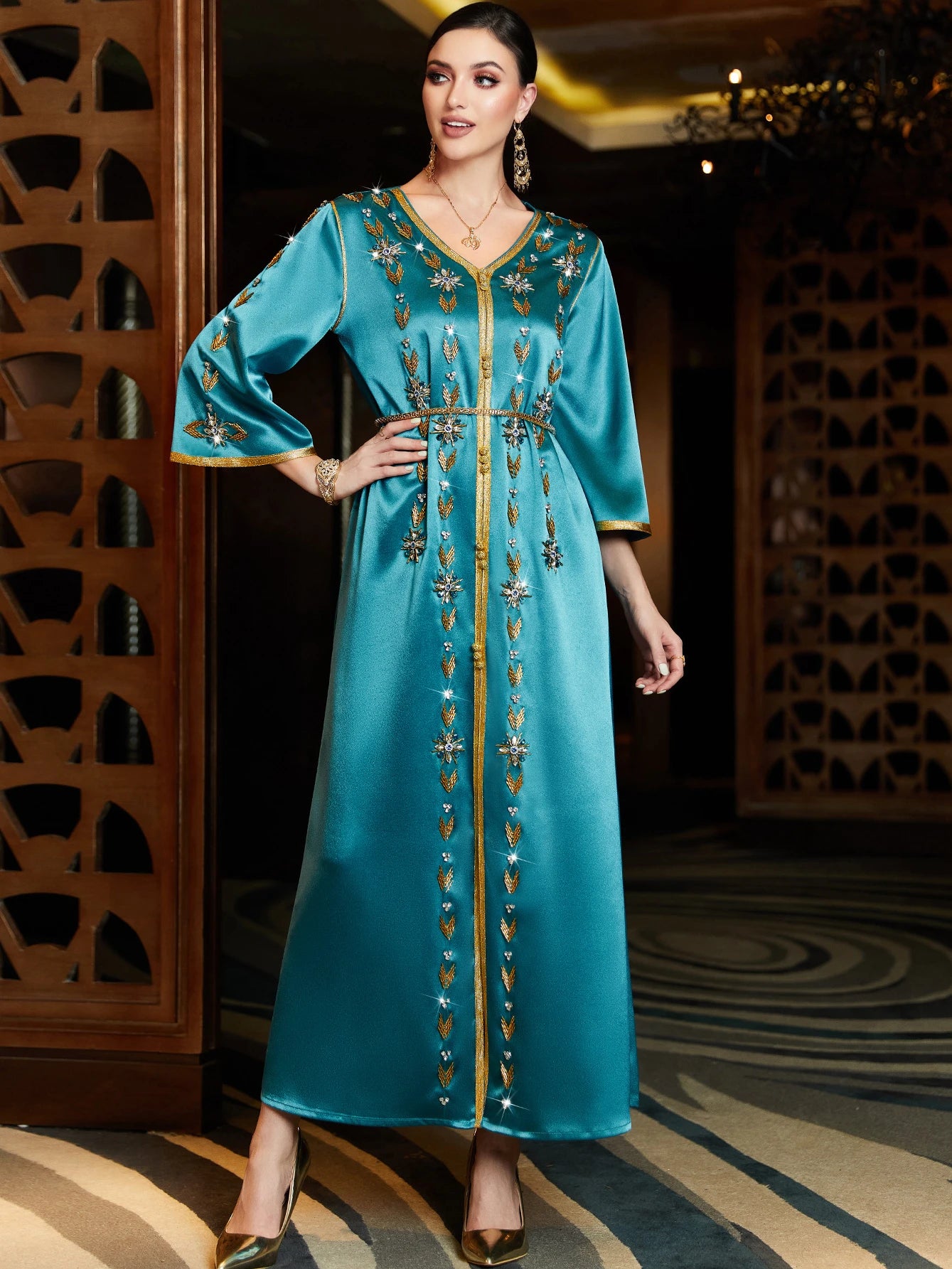 Pure Handwork Rhinestone Beading Turkish Abayas Chic Full Sleeve V-Neck Belted Clothing Evening Dresses Woman Elegant