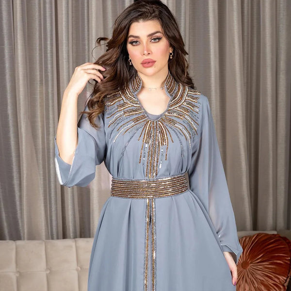 Caftan Arabian Evening Party Jalabiya Rhinestone Women Dress Dubai Robe Islam Clothing Muslim Ramadan Abaya Kaftan Morocco Gown