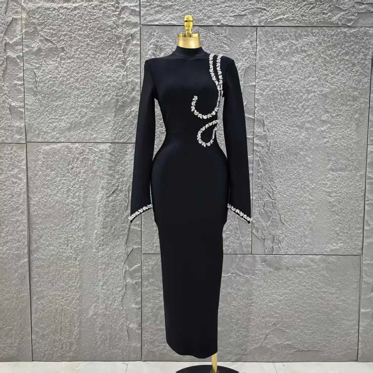 Black Red Women Long Sleeve Shinning Crystal Bodycon Long Bandage Dress Elegant Evening Party Cocktail Outfit Vestido
