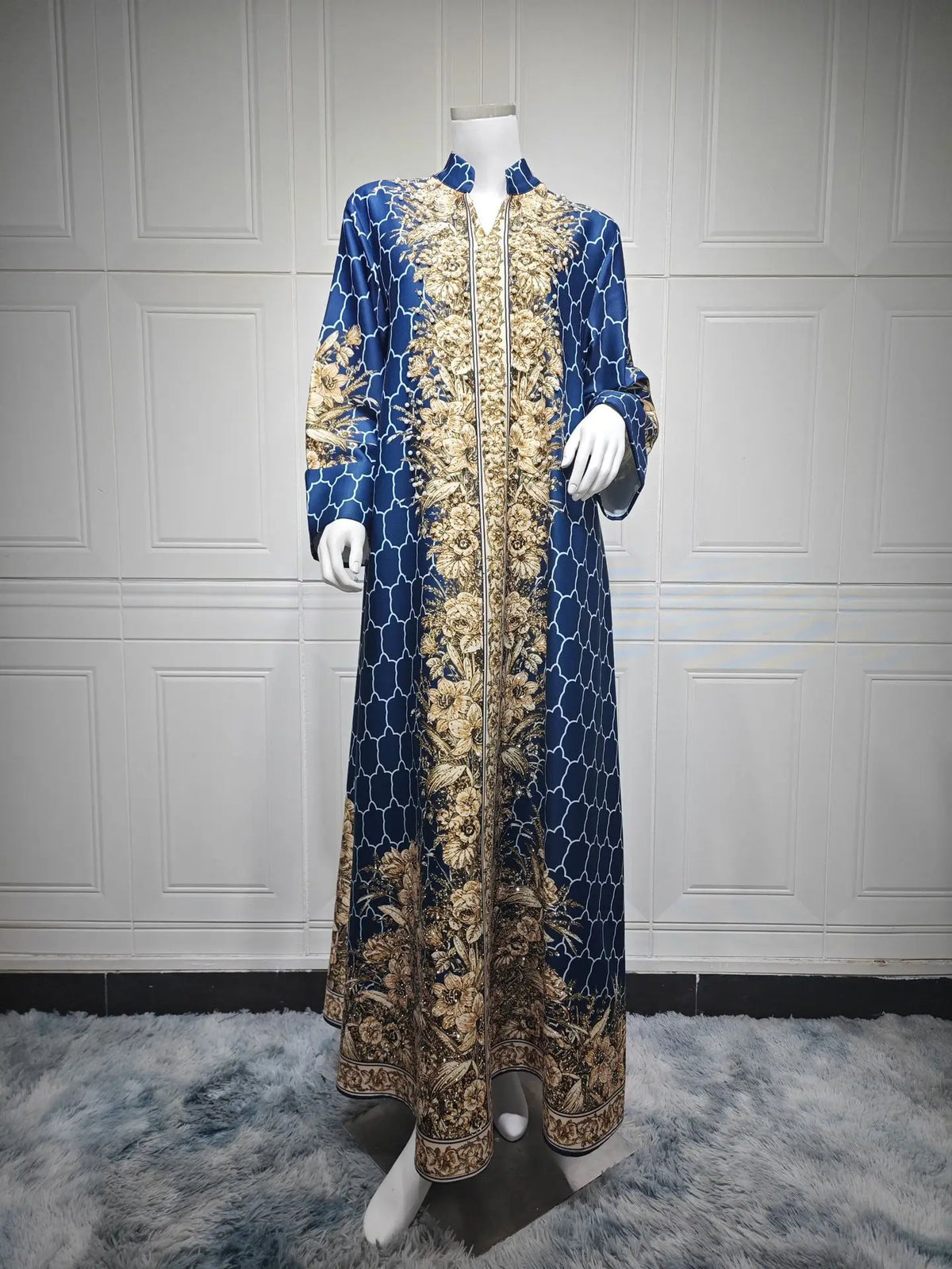 Uni Floral Printed Abaya Muslim Luxury Pearls Women's Dresses Middle East Elegant Maxi Long Dress V-neck Morocco Women Abaya