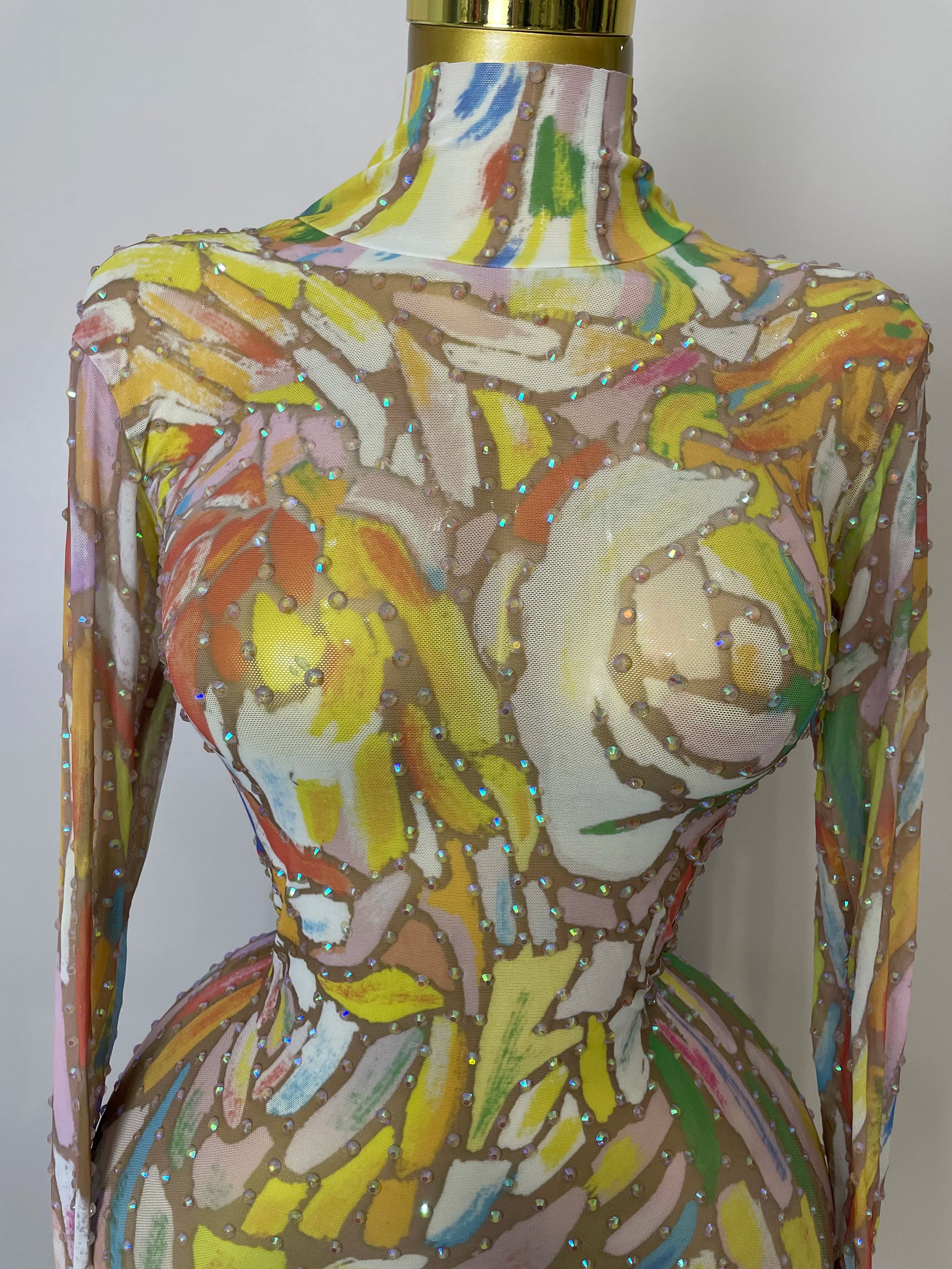 Sparkle Rhinestone High Neck Colorful Printed Long Dress 2025Women Sexy Evening Birthday Celebrate Stage Performance Costume