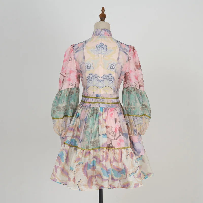 Fall Shot Spot Customized New Product Vintage Court Style Small Stand Collar Bubble Sleeve Waist-Tight Dress