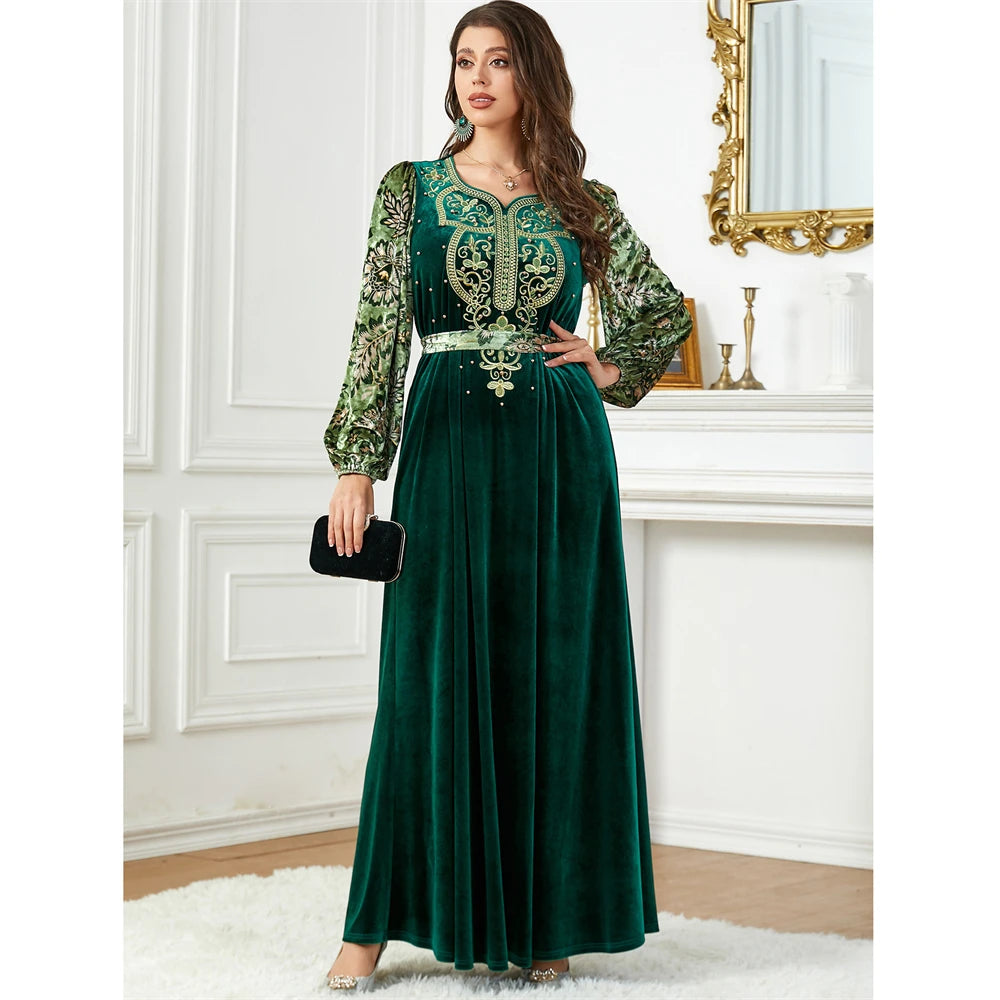 Velvet Embroidery Abaya for Fashion Women Muslim Winter Warm Long Maxi Dress Kaftan Turkey Arabic Kaftan Dubai Vestidos Moroccan 142-2Dark Green