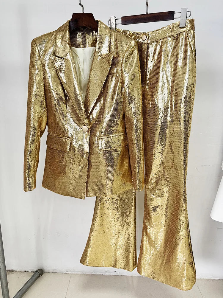 2025 New Arrival Women Long Sleeve Shinning Sequins Single Button Slim Coat 2 Pieces Women's Set Formal Evening Celebrate Party