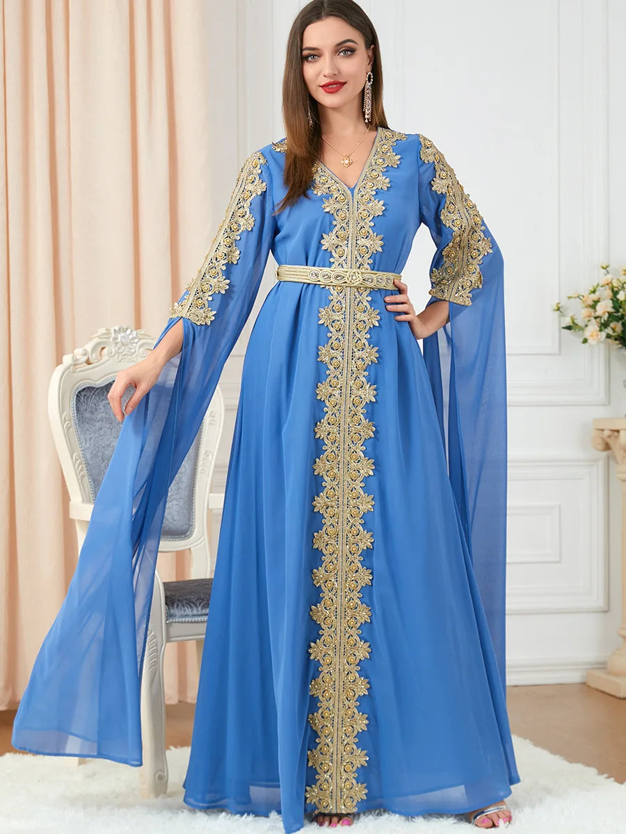 Chiffon Arabic Dresses for Women Extra Long Sleeve Moroccan Kaftan Embroidery Appliques Evening Party Islamic Kaftan Ramadan