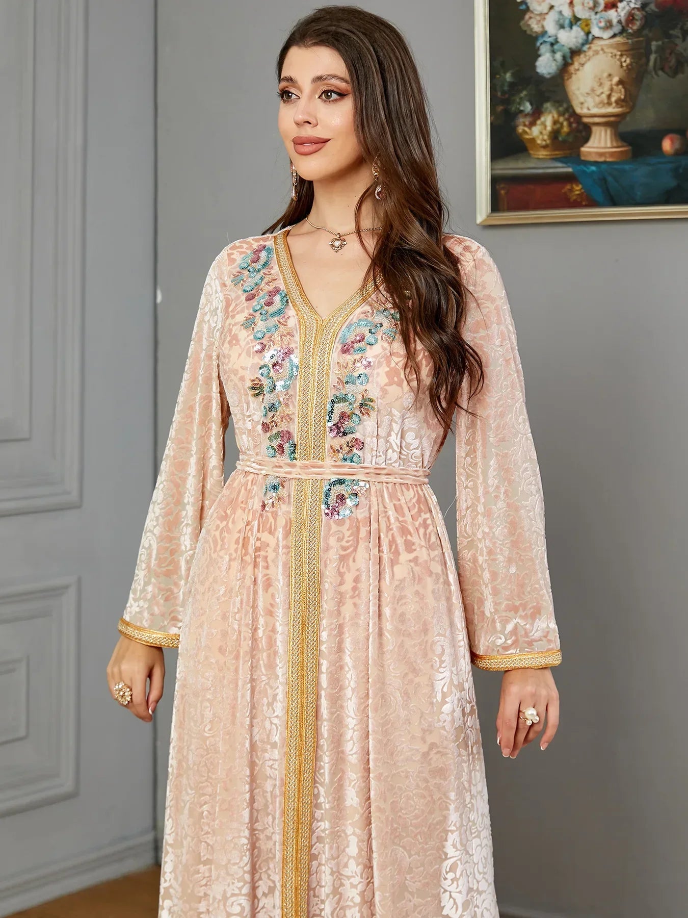 Robe de soirée en velours avec ceinture pour femmes, Jalabiyat, Caftan marocain, tenue musulmane saoudienne, automne hiver, dubaï