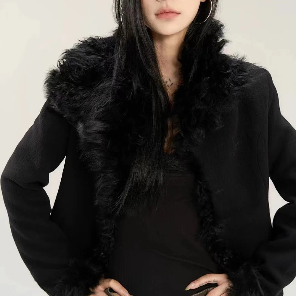TWOTWINSTYLE Solid Spliced PU Leather Coats For Women Lapel Long Sleeve Patchwork Fur Vintage Thick Coat Female Fashion Clothing