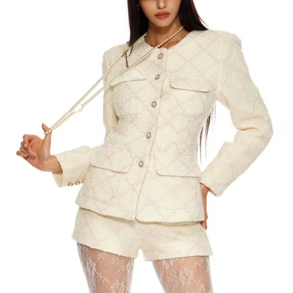 TWOTWINSTYLE Solid Temperament Two Piece Sets For Women O Neck Long Sleeve Coat High Waist Shorts Elegant Set Female Fashion New