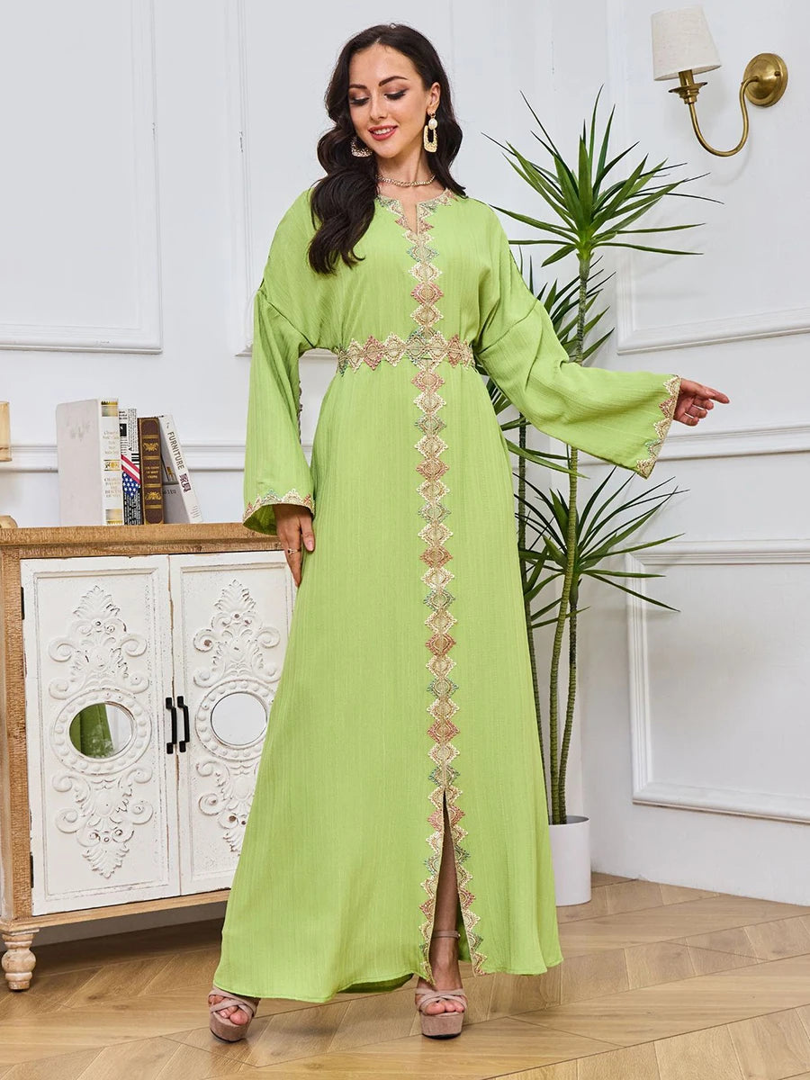 Dubai Abaya Woman Muslim Fashion Solid Belted Clothing Tape Trim Full Sleeve Notched V-Neck Elegant Islamic Long Dress Green Dress