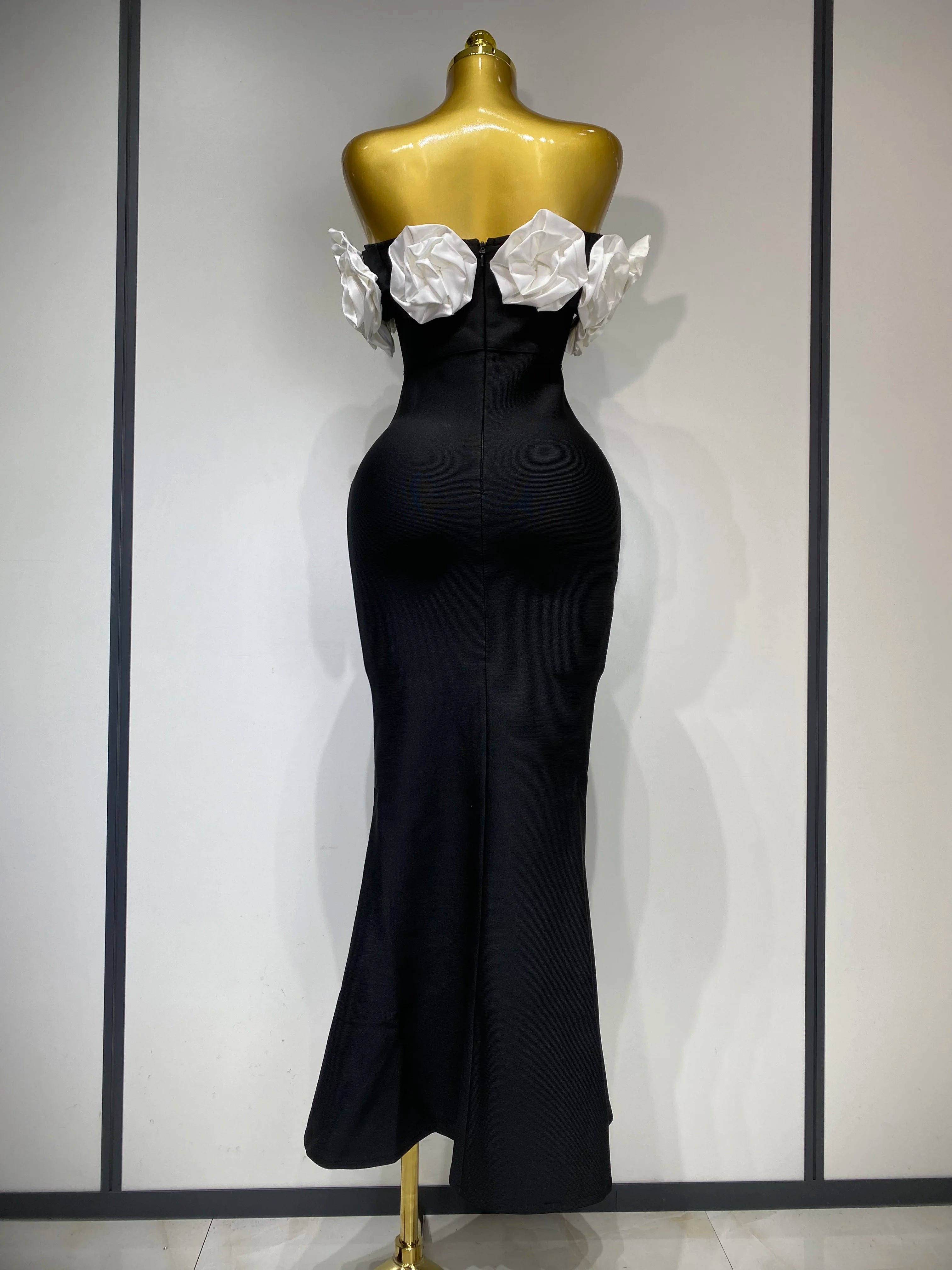 Women Luxury Rhinestone Celebrity Sexy Off Shoulder Flower Maxi Long Bodycon Bandage Dress Elegant Evening Club Party Outfit