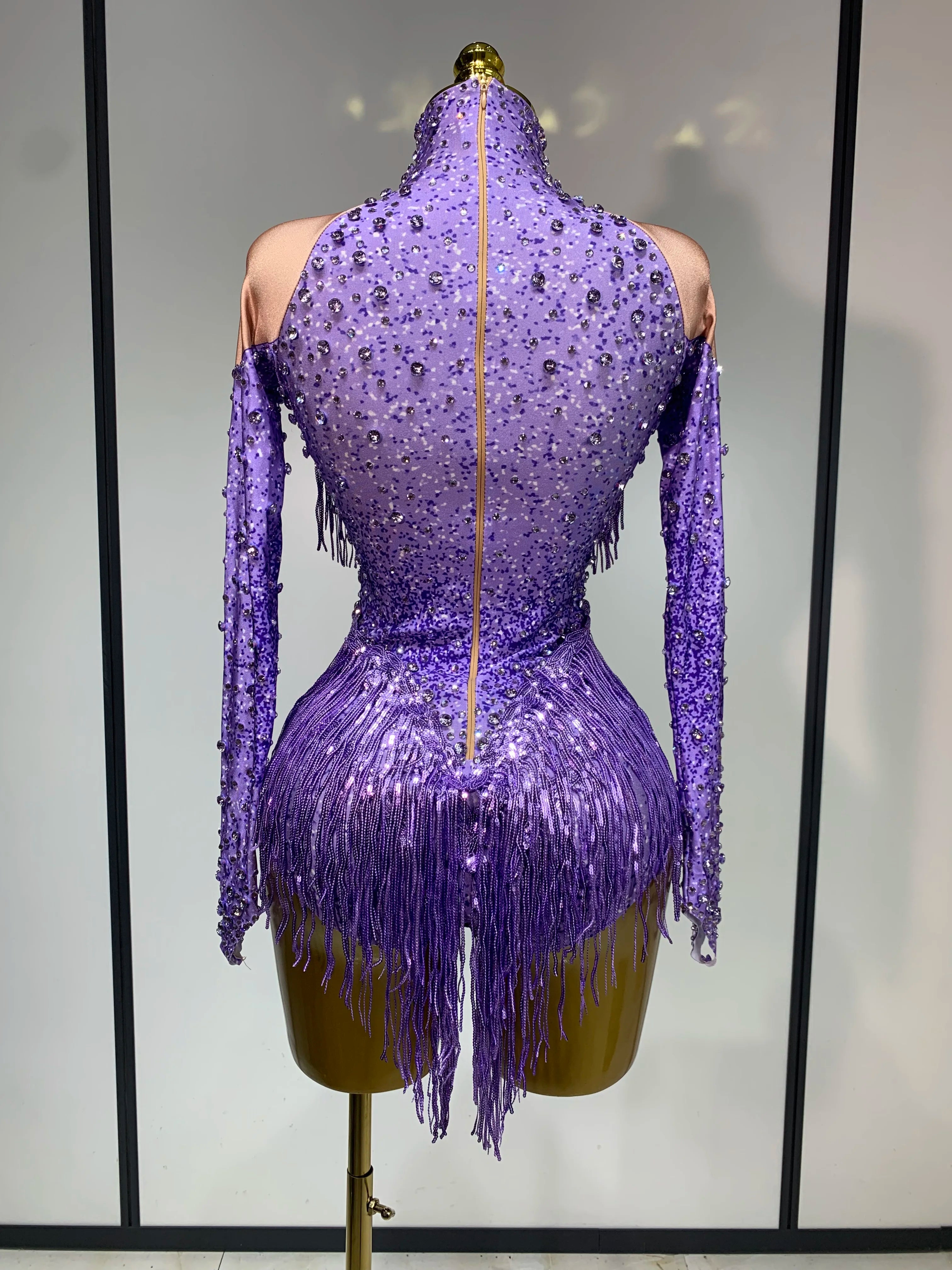 Women Sexy Purple Red Stretchy Long Sleeve Bodysuit Nightclub Singer Dancer Tassel Stage Costume Evening Party Birthday Outfit
