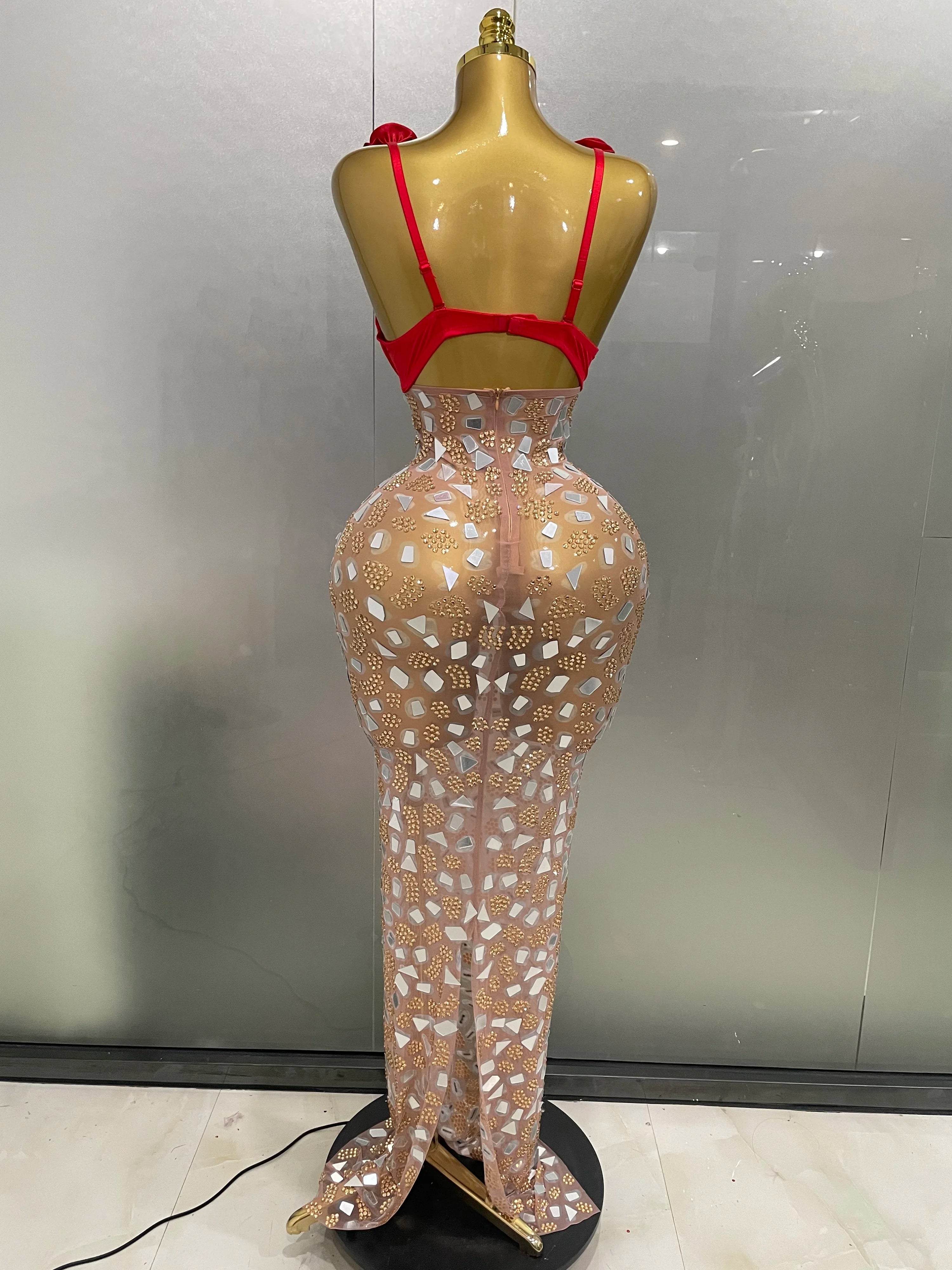 Sexy Sparkly Rhinestones Mesh Mirrors Red Roses Long Dress  2025 New Women Elegant Evening Party Club Stage performance Costume