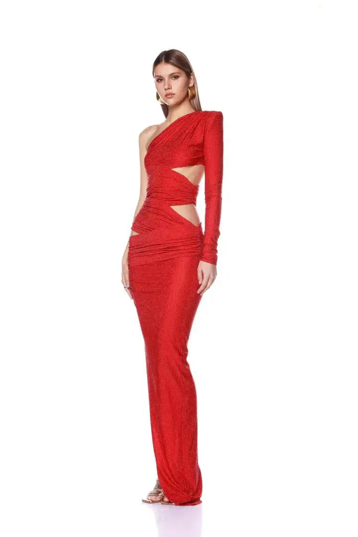 Shinning Rhinestones Women Sexy One Shoulder Bodycon Long Dress Wedding Memaid Party Celebrate Cocktail Dress Vestido