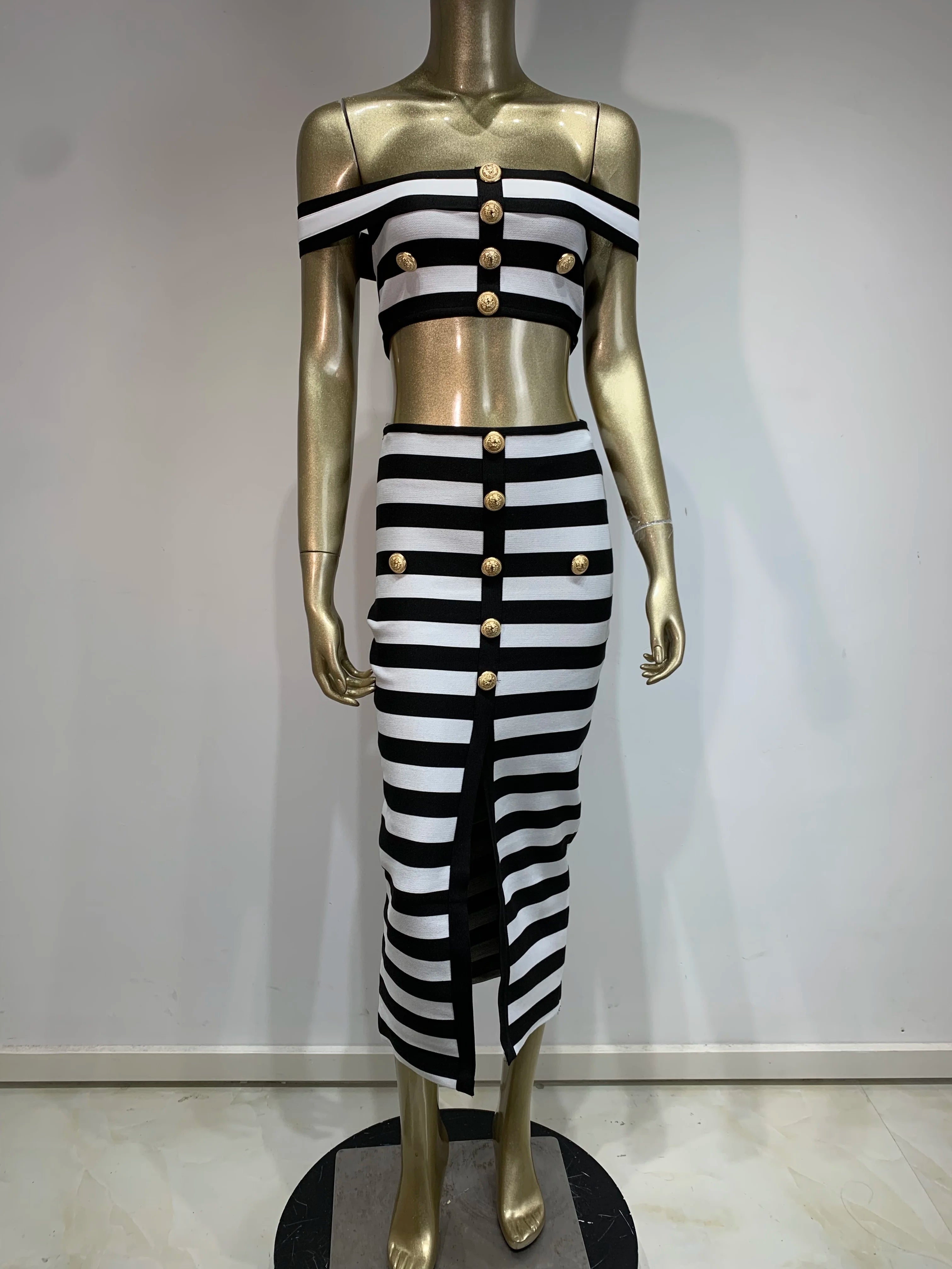 Women Celebrity Sexy Off Shoulder Striped Button Black White Bandage Skirt Set 2024 Knitted Elegant Evening Club Party Clothing