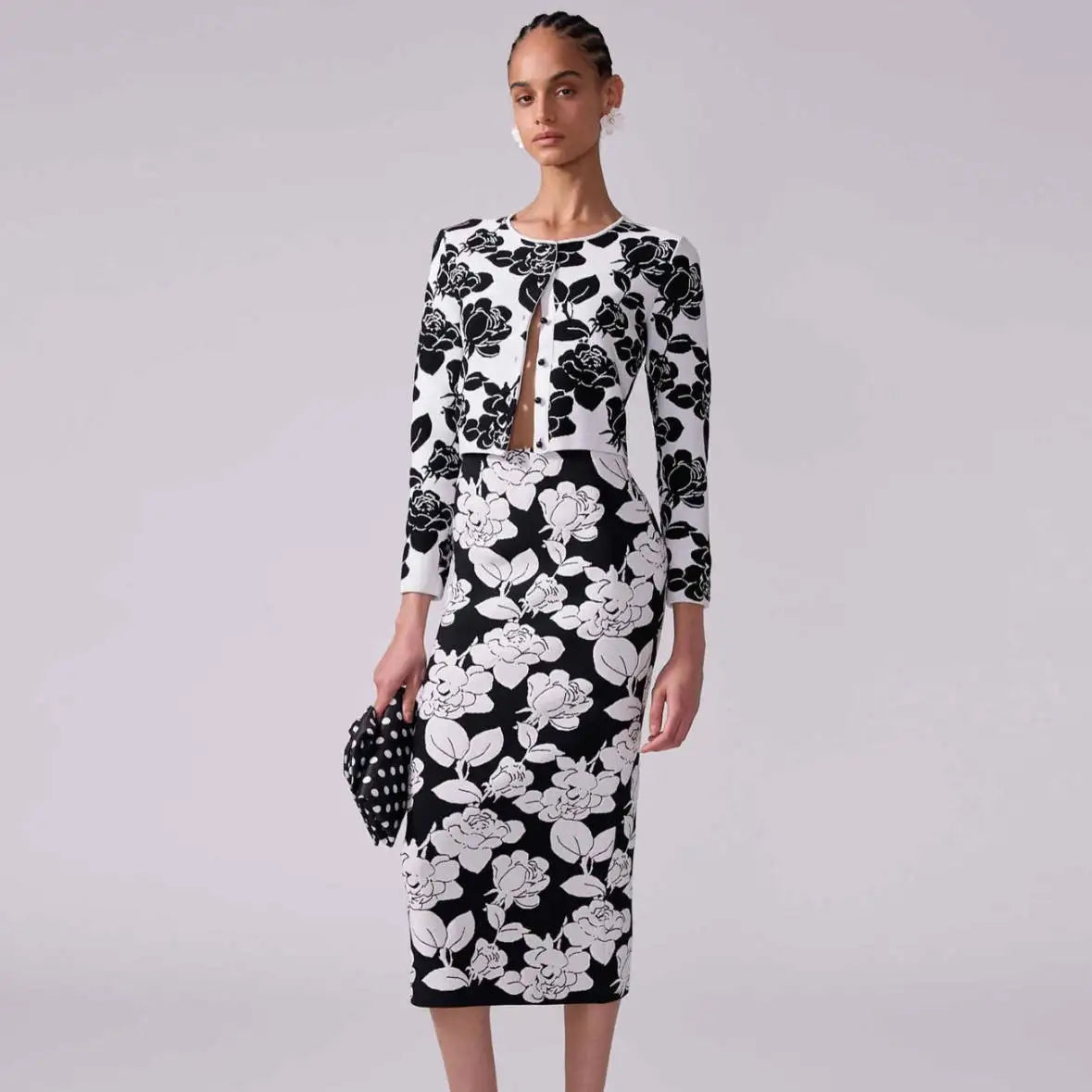 2025 New Arrival Celebrity Red Carpet Dress Women Long Sleeve Jacquard Weave Flowers 2 Pieces Bodycon Bandage Women's Set
