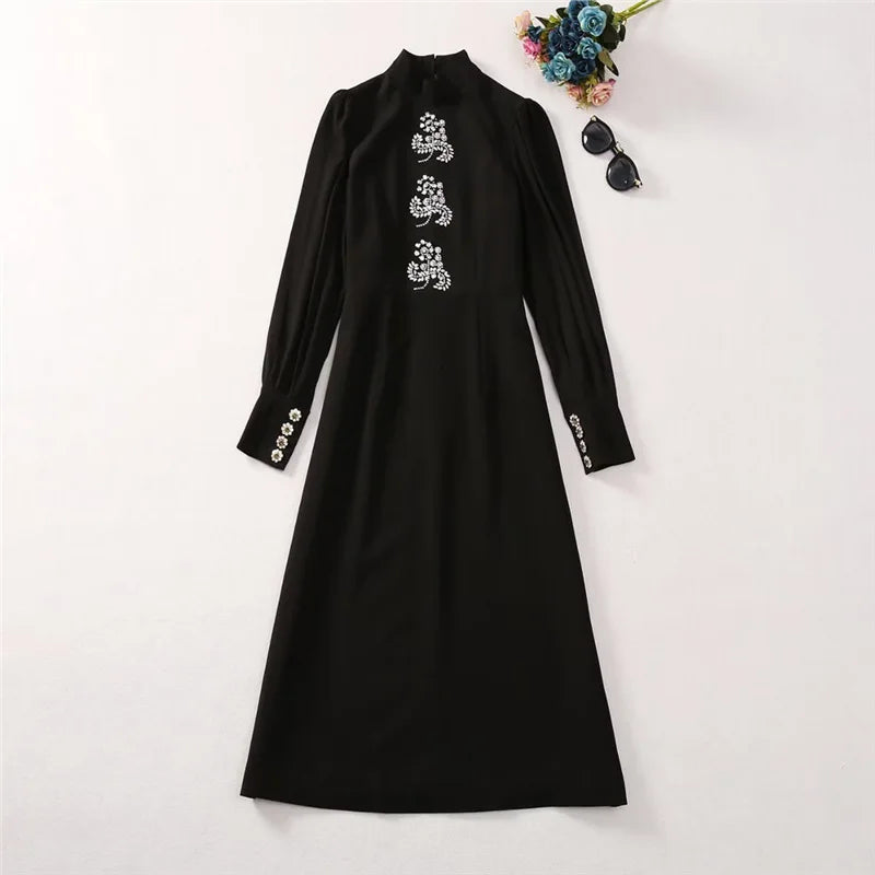 TWOTWINSTYLE Solid Slimming Spliced Bead Dresses for Women High Neck Lantern Sleeves Temperament Long Dress Female Clothing New