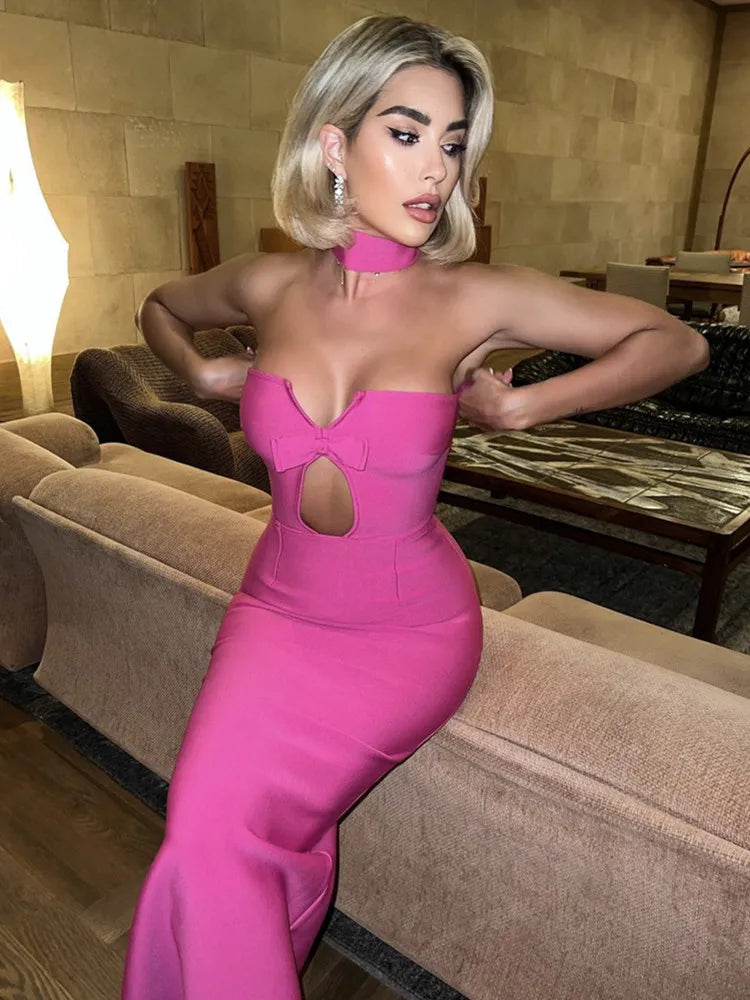 Summer Sexy Strapless Backless Bow Tie Hot Pink Black Ankle Women Bodycon Bandage Dress Elegant Evening Club Party Dress