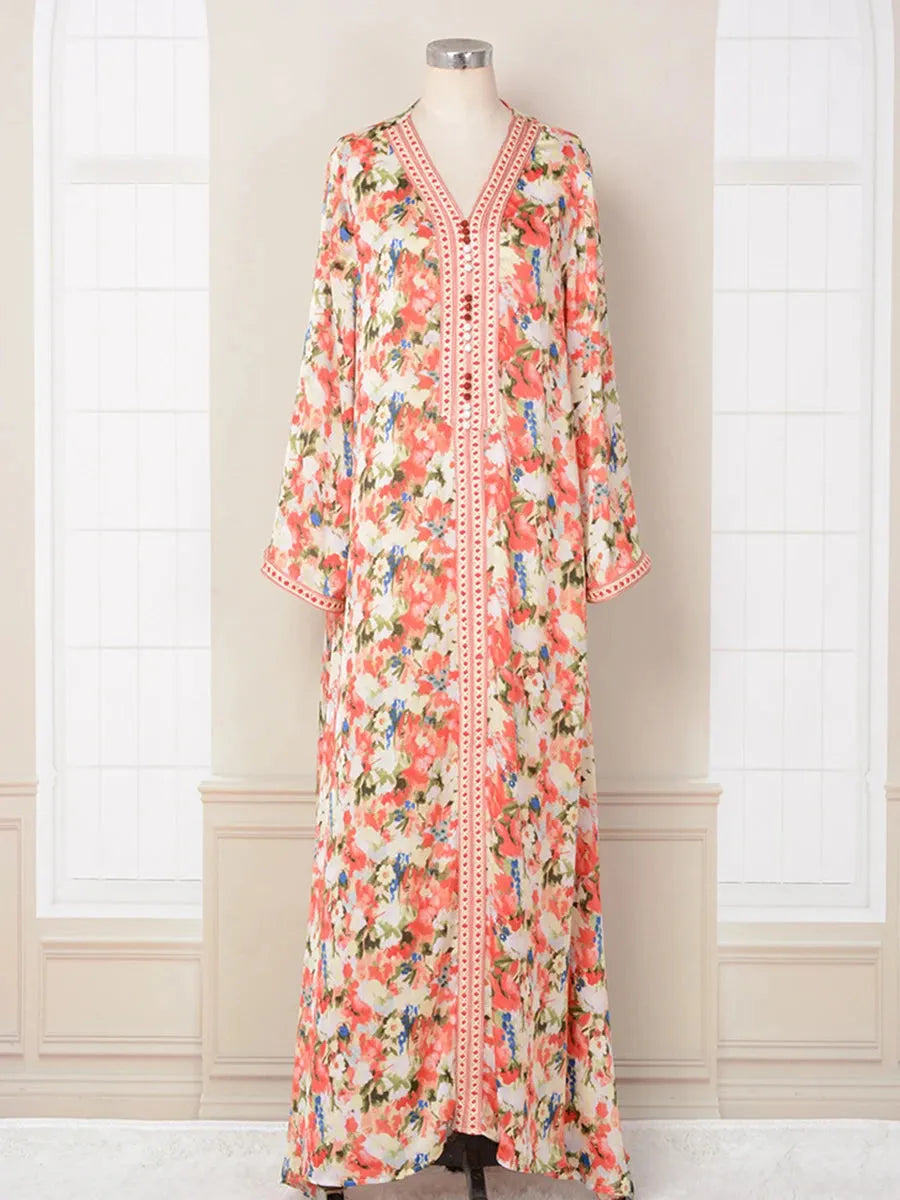 Abaya Turkish Female Chic Printing Full Sleeve V-Neck Belted Clothing Casual Long Dress For Women Saudi Arabia Pink Dress