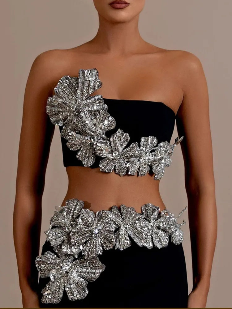 Women Sexy Strapless Flower Diamonds Crystal Black Maxi Long Bandage Skirt Set Knitted Elegant Evening Club Party Clothing