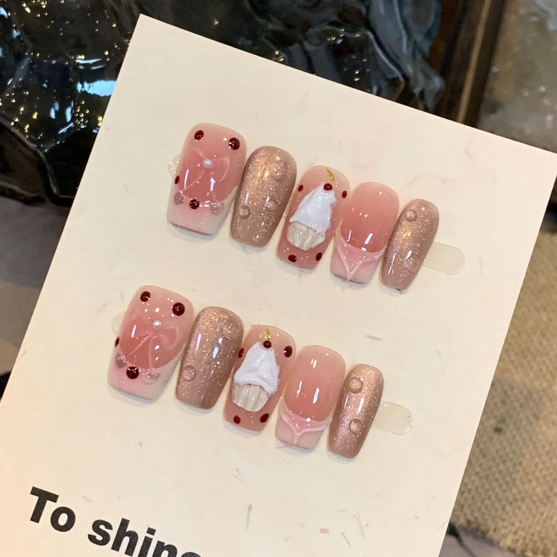 10Pcs Handmade French Press on Nail Medium Red Nails with Polka Dot Designs Retro Fake Nails with Glue Detachable Fashion Nails