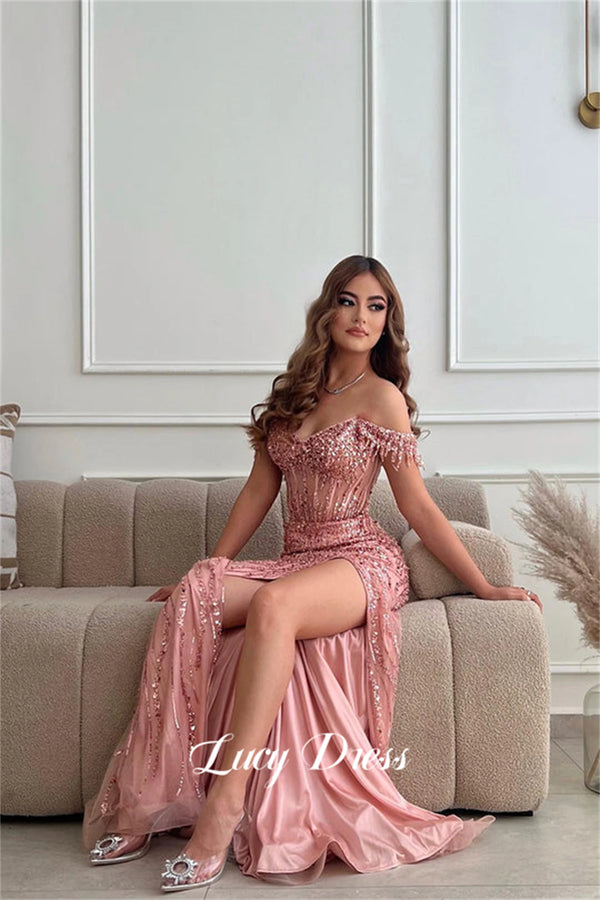 Lucy Mermaid Evening Dress Ball Gown Detachable Skirt Bead-embroidered Shiny Fabric Satin Pink Luxurious Dresses Dubai Luxury
