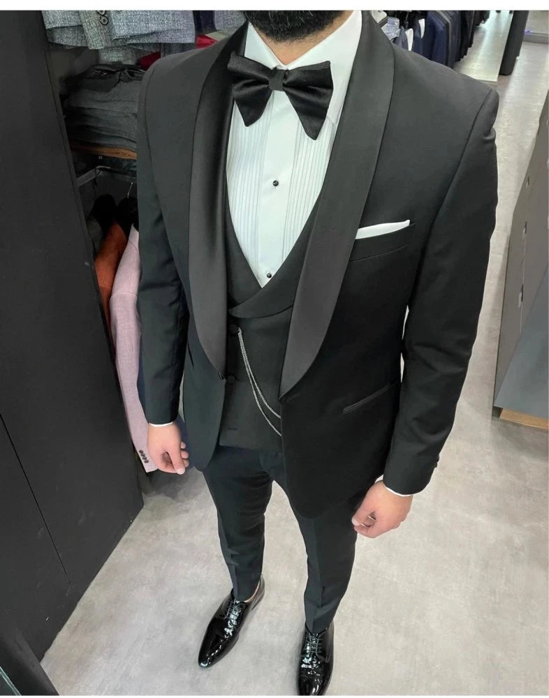 Black Groom Tuxedo for Wedding Shawl Lapel Slim Fit Men Suits 3 Pcs Smoking Fashion Prom Party Blazer (Jacket+Pants+Vest) black