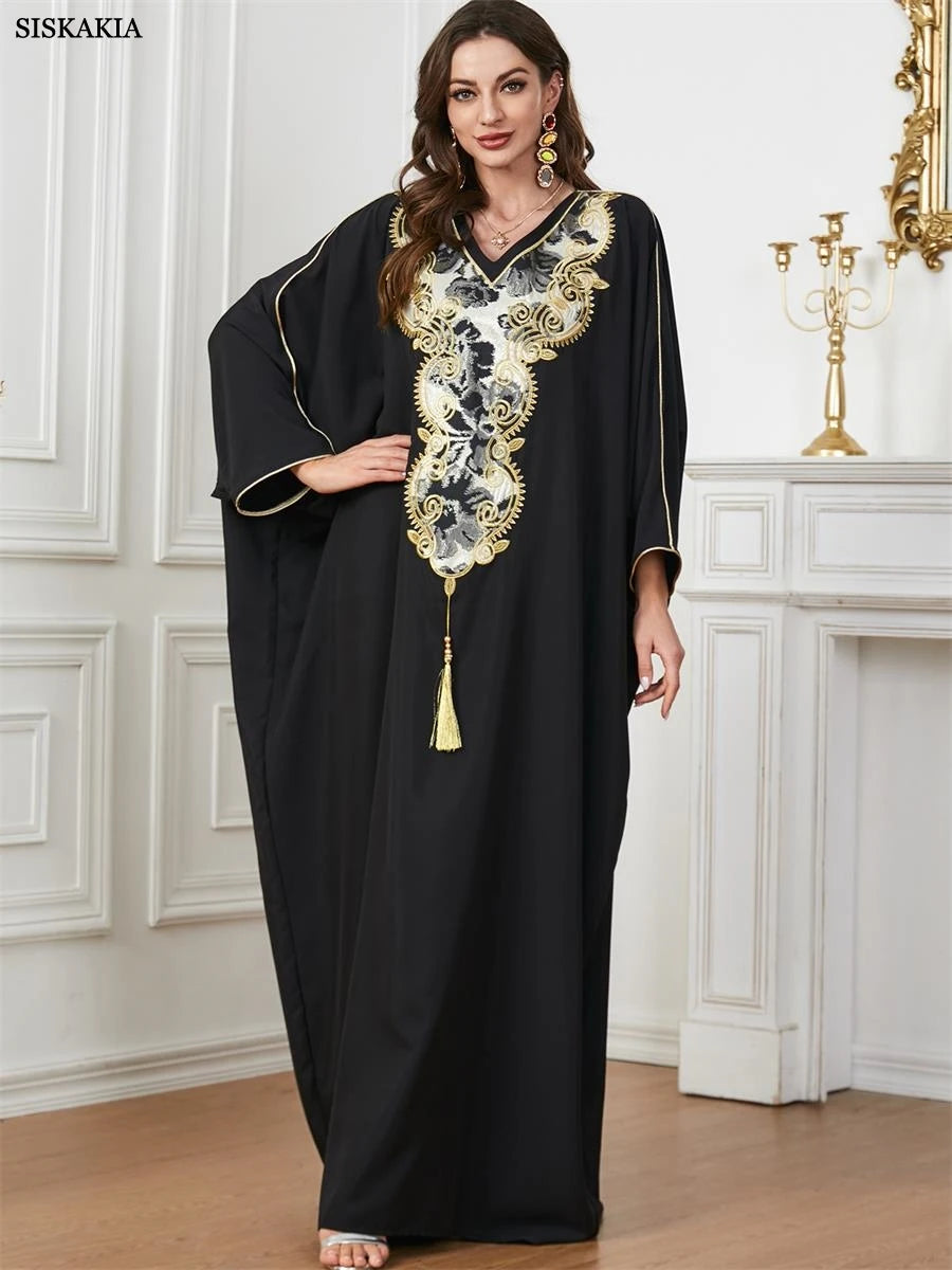 Dubai Turkish Casual Loose Solid Batwing Sleeve V Collar Floral Embroidery And Tassel Abaya Arab African Women Caftan