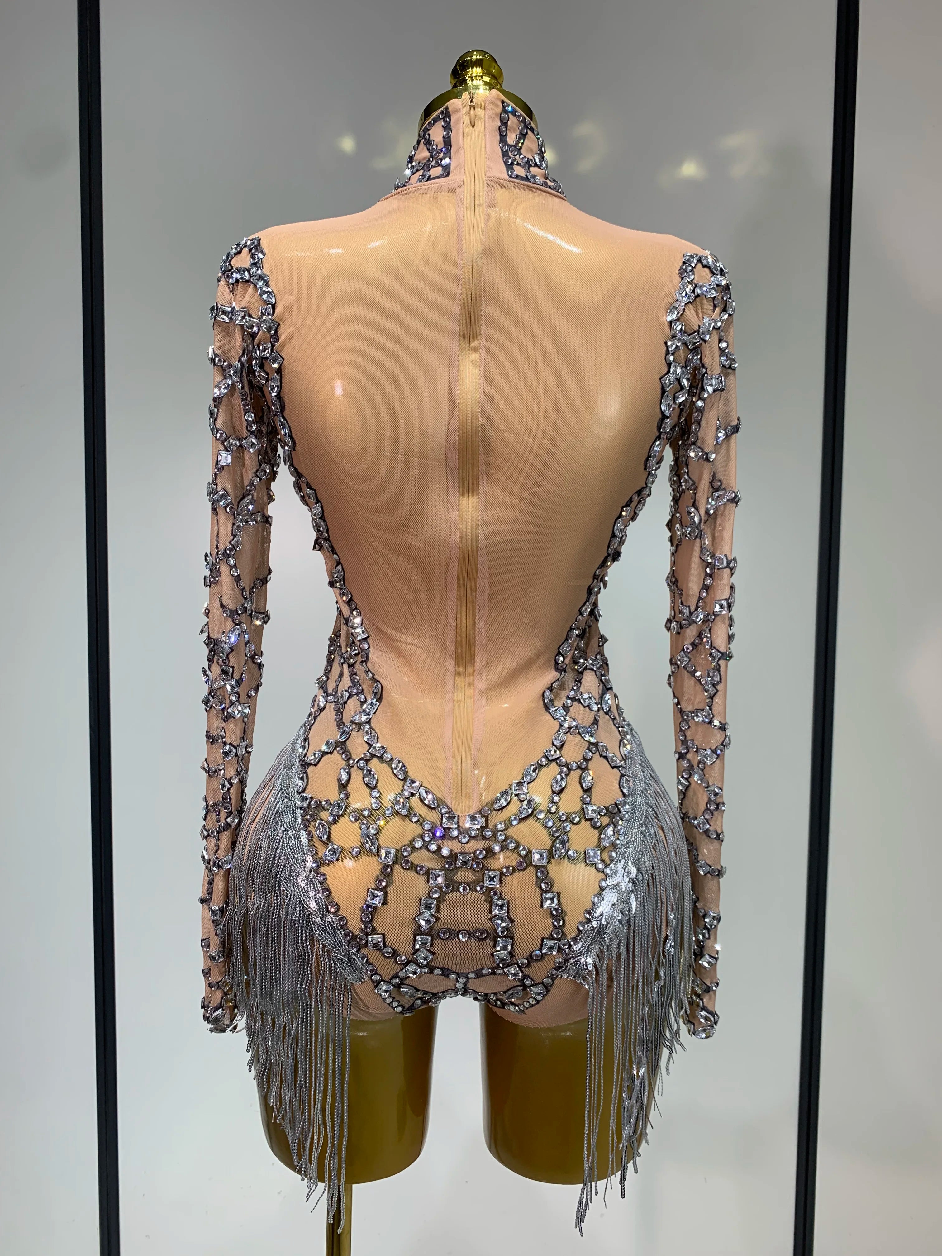 Shining Diamond Tassel Bodysuit Nightclub Stage Tight Mesh Long Sleeved High Quality Nightclub Singer Performance Costume