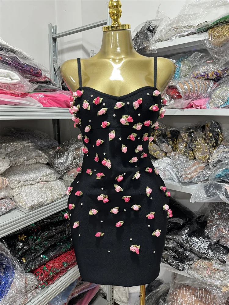 High Quality Women Sleeveless Sexy Strap Square Collar Florals Bodycon Mini Bandage Dress Celebrate Nightclub Party Outfit