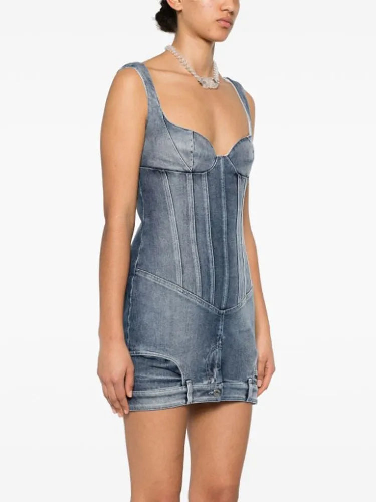 TWOTWINSTYLE Slimming Chic Denim Dresses For Women Square Collar Sleeveless High Waist Backless Mini Dress Female Fashion New
