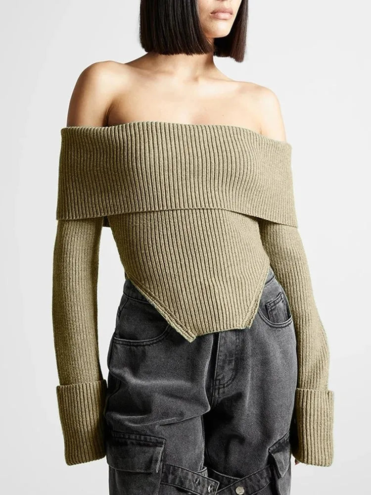 TWOTWINSTYLE Solid Temperament Sweaters For Women Slash Neck Long Sleeve Tunic Irregular Minimalist Sweater Female Fashion Style