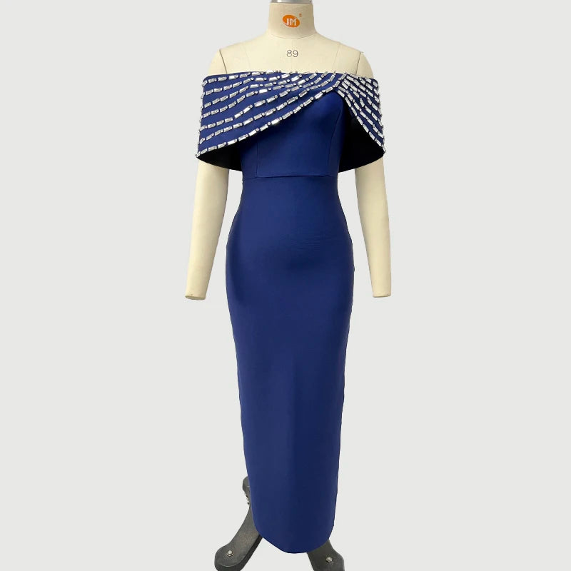 New Blue Color Women Sexy Slash Neck Off the Shoulder Shinning Crystal Bodycon Long Bandage Dress Elegant Evening Party Outfit