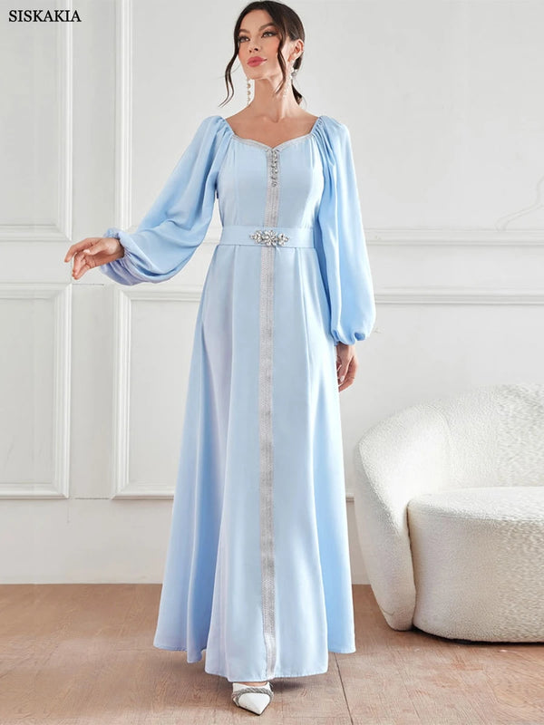 Dubai Evening Dress Women Moroccan Caftan Jalabiyat Solid Rhinestone Puff Sleeve Square Collar Belted Robe