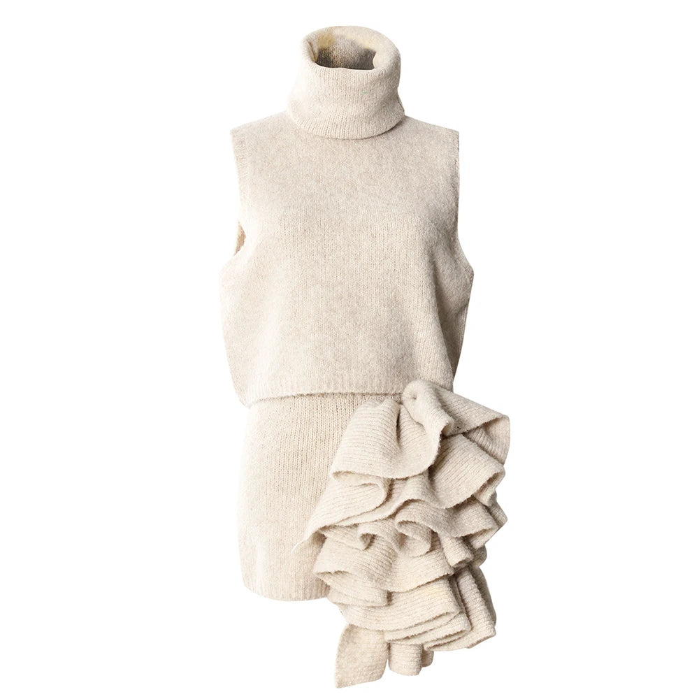 TWOTWINSTYLE Three Piece Set For Women Lapel Long Sleeve Coat High Neck Vest Fashion Spliced Ruffles Skirt Chic Sets Female New