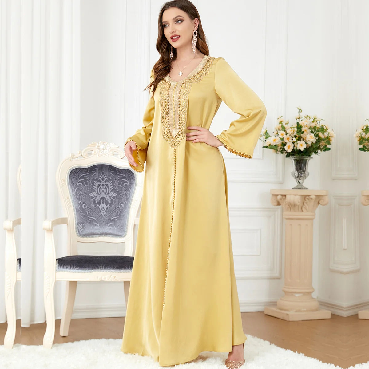 Abaya para mujeres Ramadán Dubai 2023, ropa árabe para mujer, vestido de moda de manga larga con cuentas y cuello en V, vestido largo bordado con cuello en V