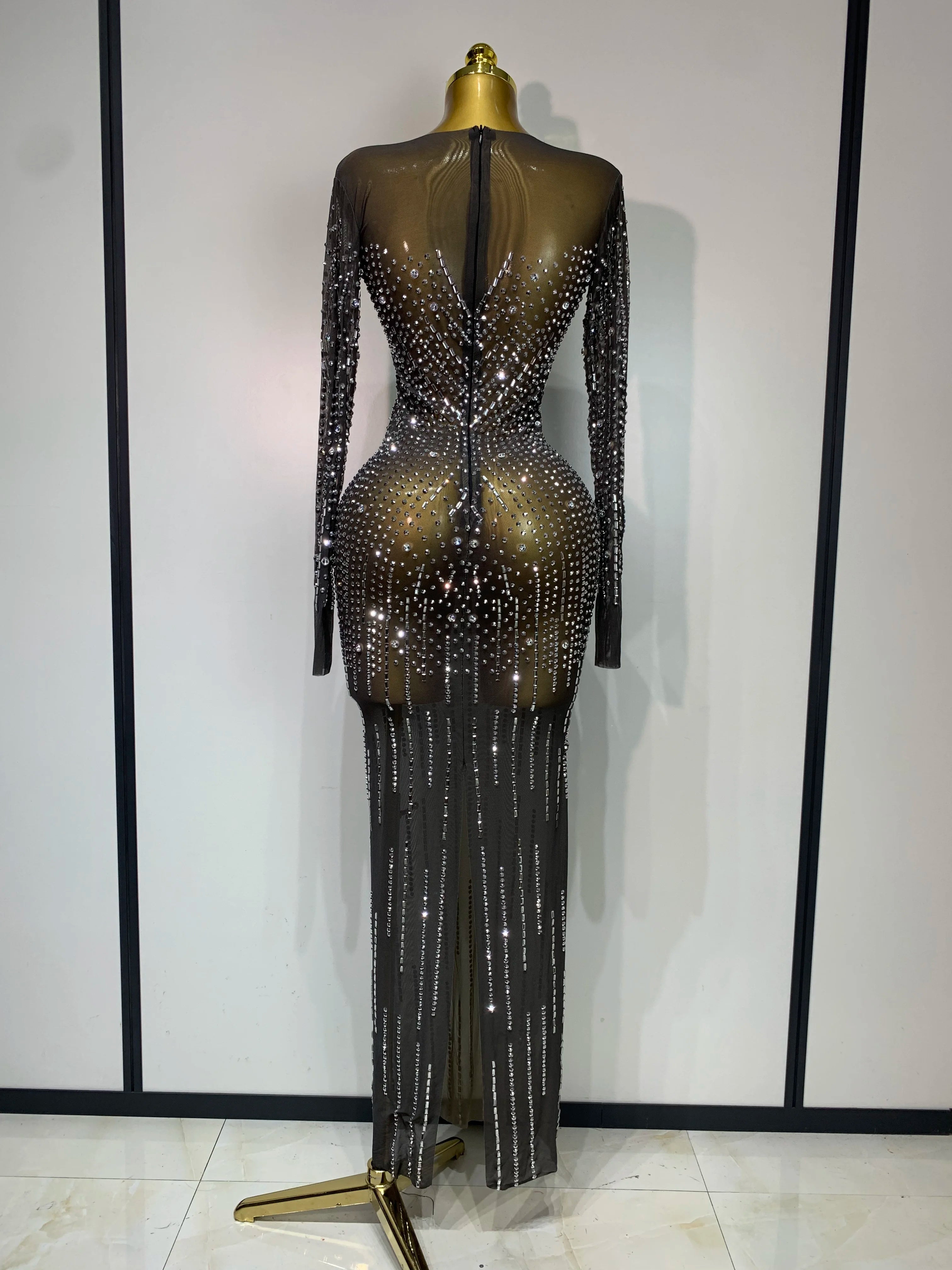 Women Sexy Long Sleeve Mesh See Through Dress 2025 Elegant Evening Party Luxury Birthday Club Rhinestone Performance Costume