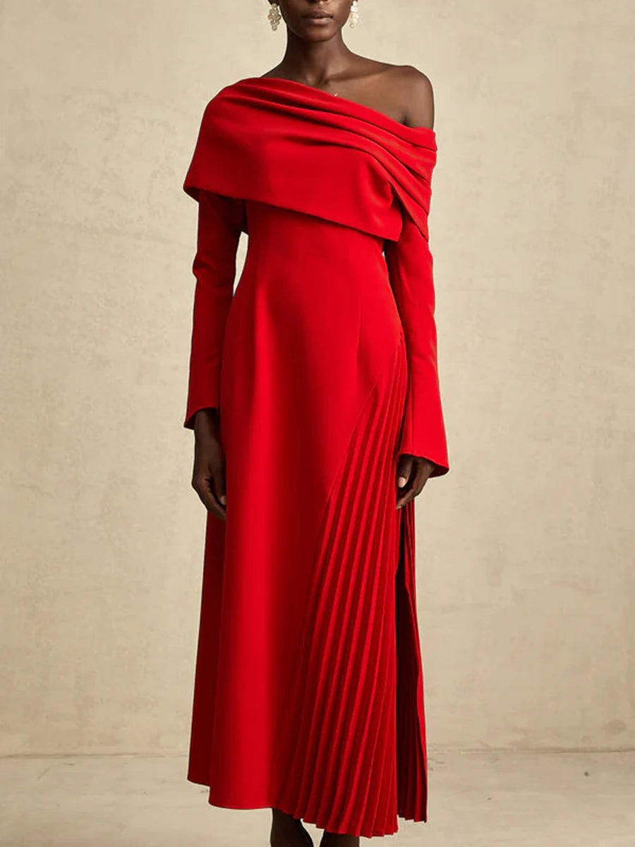 TWOTWINSTYLE Solid Slimming Temperament Midi Dresses for Women Diagonal Neck Long Sleeves Minimalism Dress Female Clothing New
