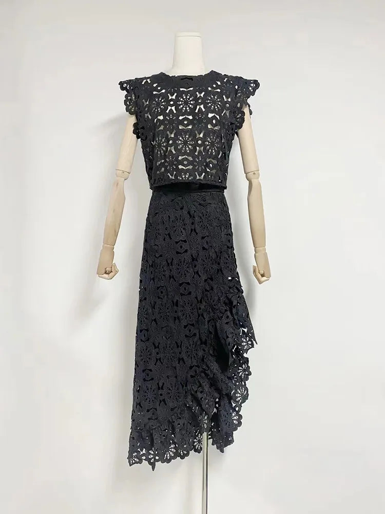 TWOTWINSTYLE Hollow Out Embroidery Two Piece Set For Women Round Neck Sleeveless Top High Waist Split Skirts Elegant Sets Female