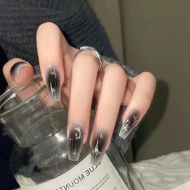 Y2K Black White Star Artificial Fake Nails Full Cover Short False Nail Removable Press on Nails for Women DIY Manicure 24Pcs
