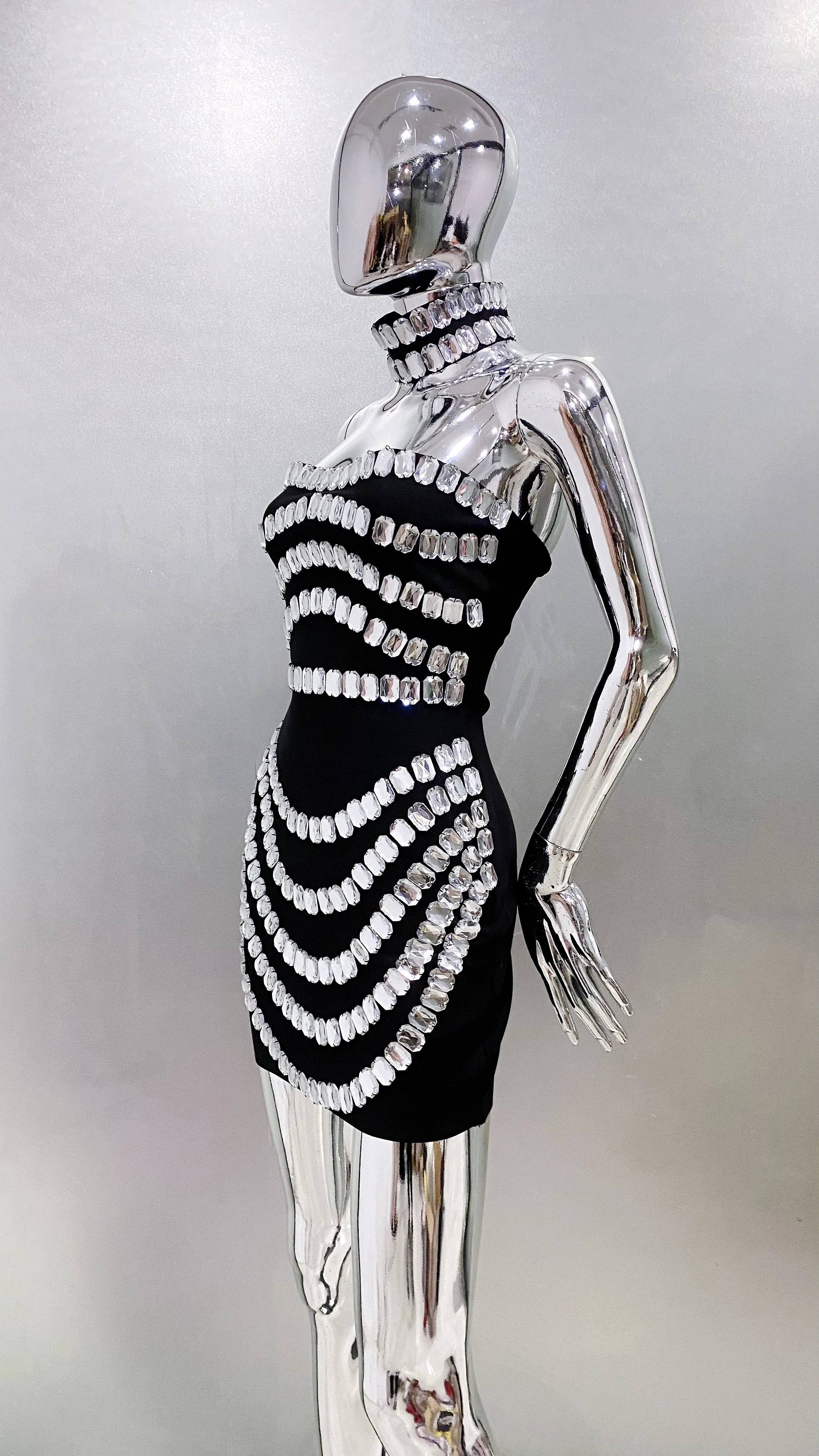 Sparkly Big Crystal Women Sexy Strapless Bodycon Mini Bandage Dress Necklace Celebrate Nightclub Party Photo Shoot Wear