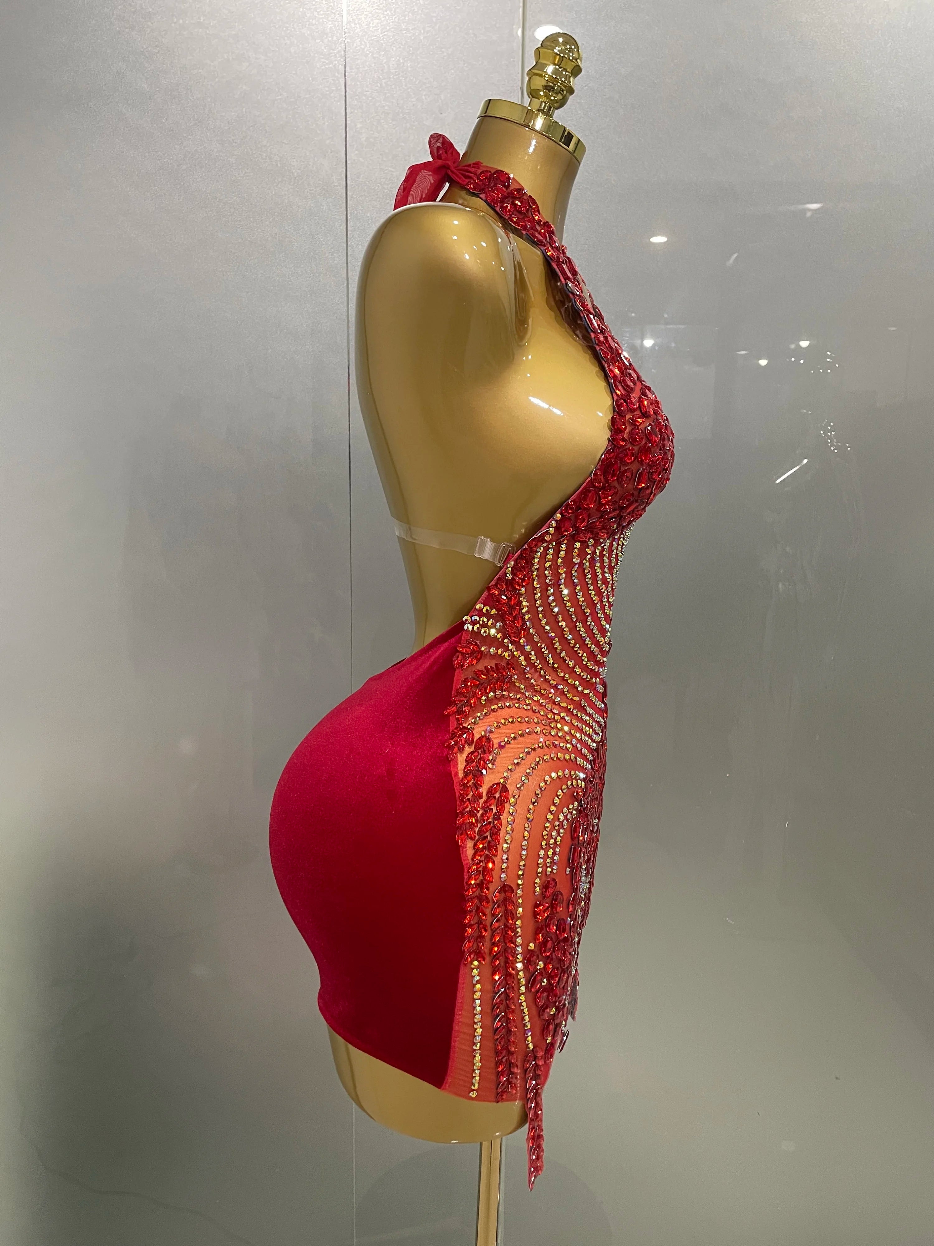 Sexy Red Sparkly Rhinestones Halter Backless Velour Short Dress 2025 New Women Evening Prom Celebrate Birthday Party Stage Wear