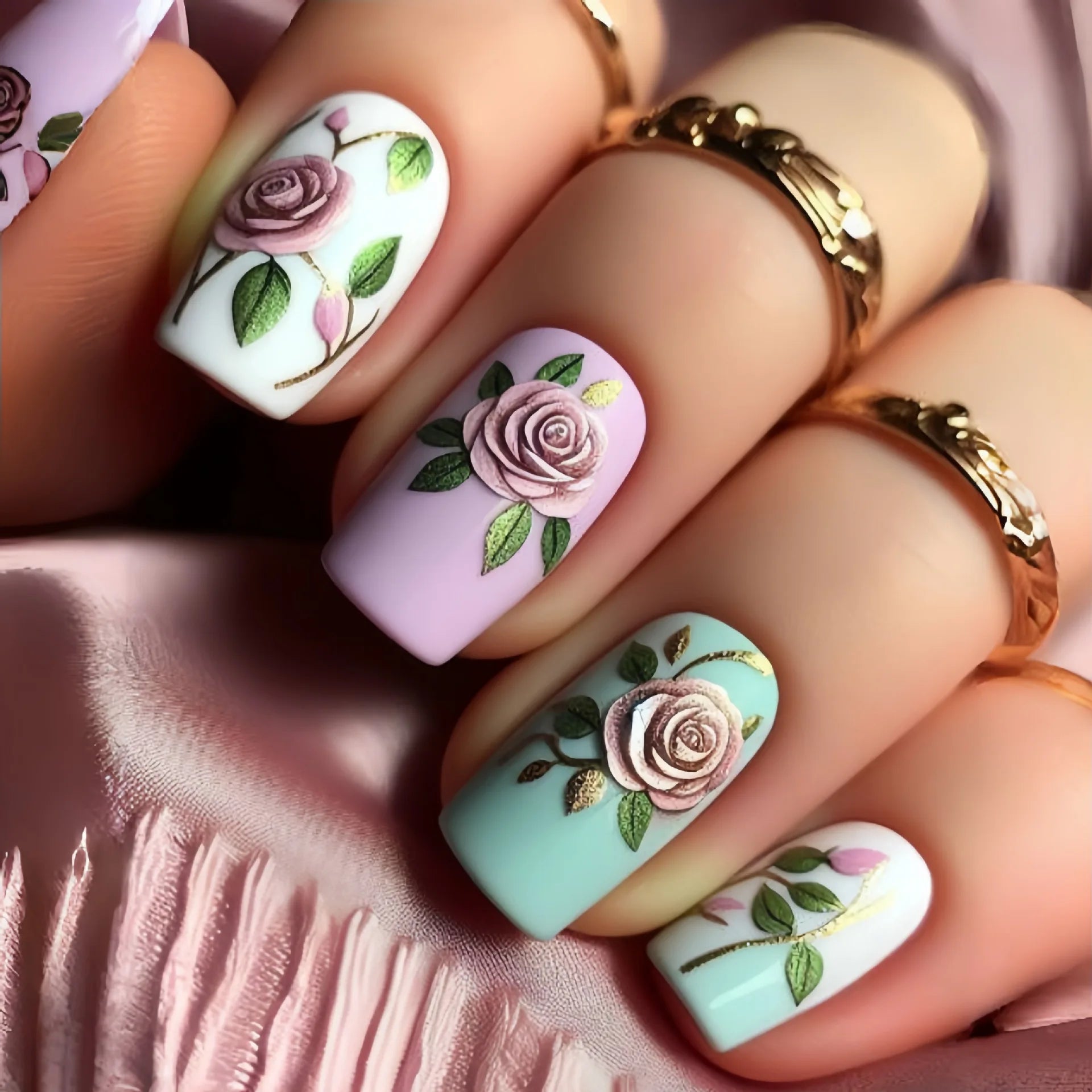 24Pcs Press on Nails Mid-length Square Head Blue Coffin Fashionable Nail Patch Flowers Spring Design Wearable Finished Manicure