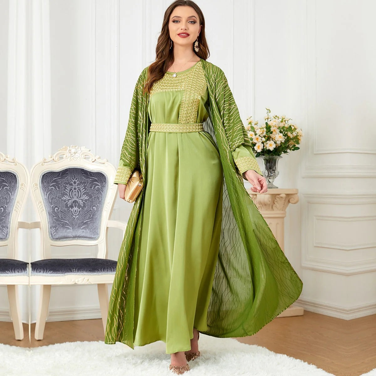 Abayas – robes élégantes et décontractées pour femmes, ensembles musulmans de luxe, 2 pièces, Kaftan avec ceinture brodée, robes islamiques pour Ramadan